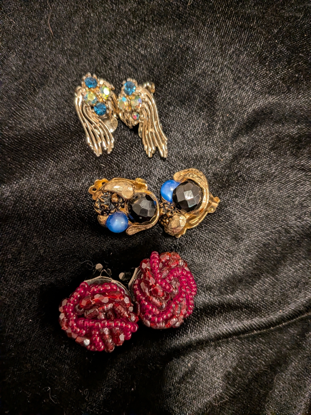 Set of Three Women's Clip-On Earrings in Blue, Gold & Red Tones